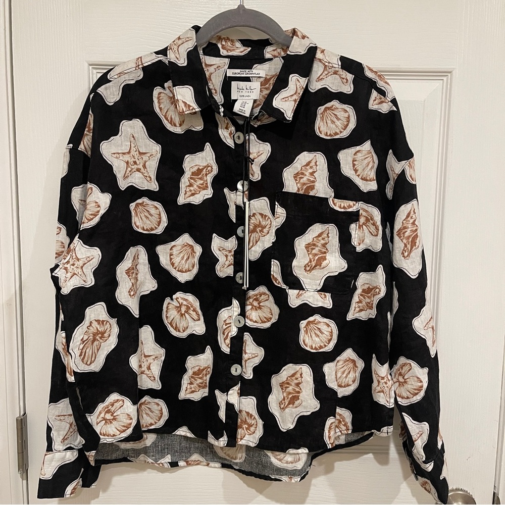 Nicole Miller 100% Linen Top European Flax Sea Shell Print Button Up Size M